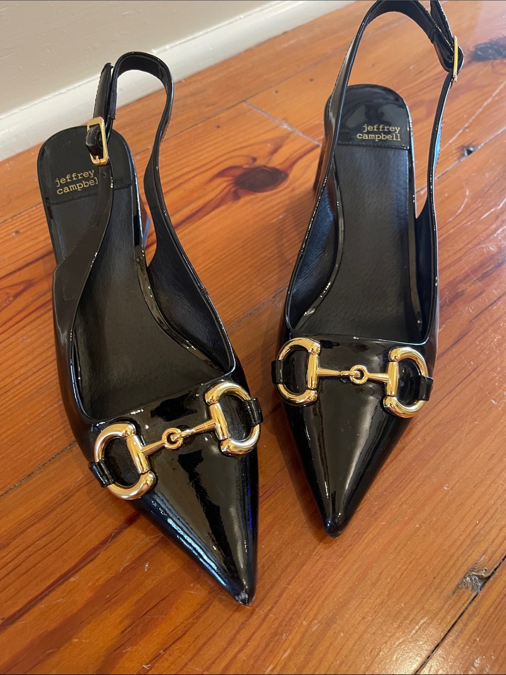 Jeffrey Campbell Black Patent Pointed Slingbacks with Gold Bit Detail